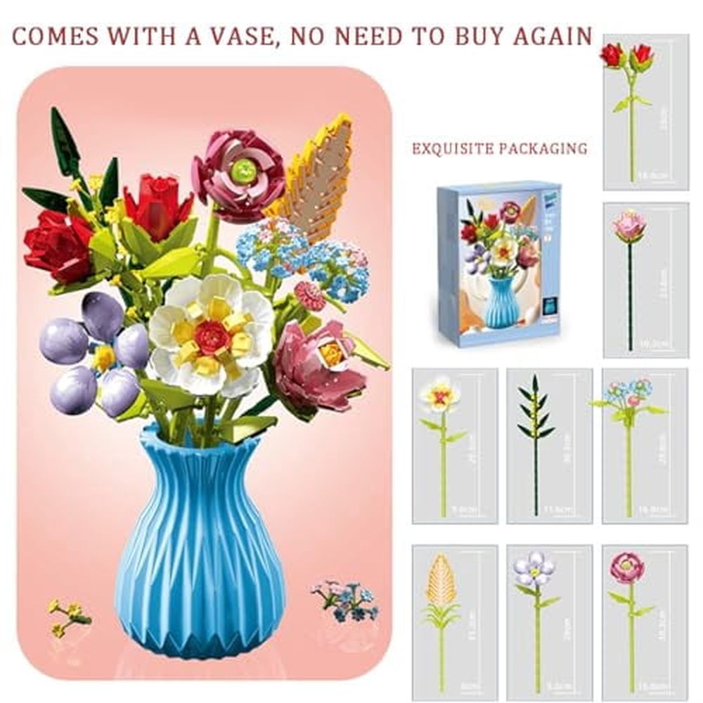 Flowers Bouquet Building Set with Vase Compatible with Lego,1PCS Artificial Flowers for Home Decor,Wildflower Botanical Collection for Home Decor,Gift for Her & Him and Kids Girls