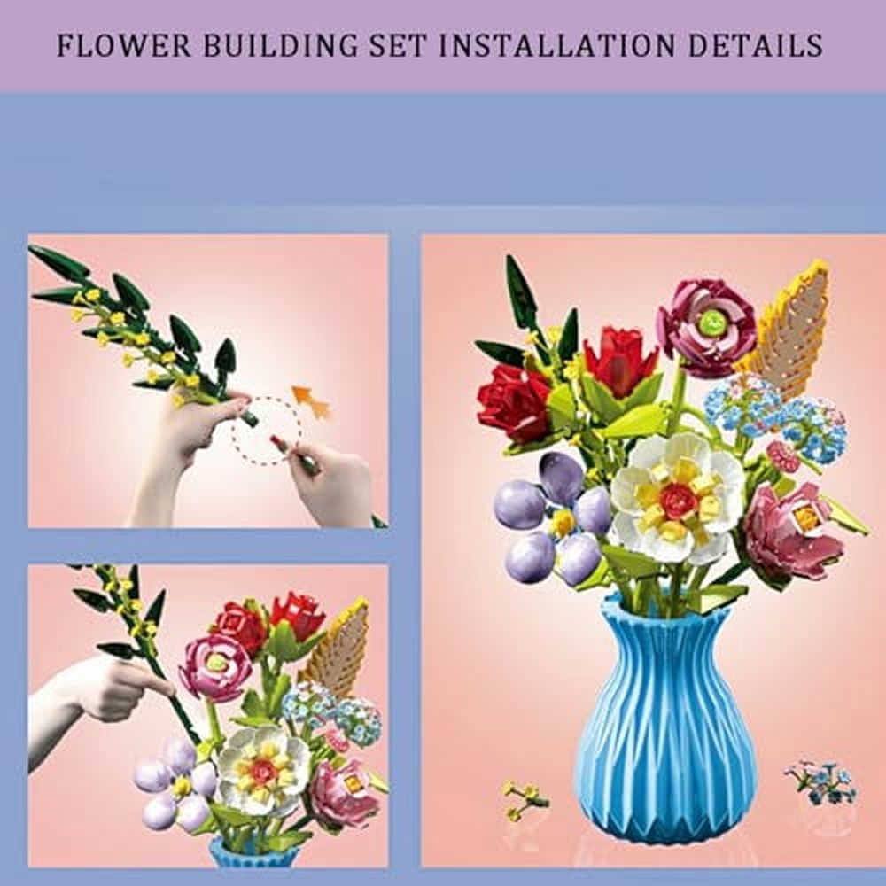 Flowers Bouquet Building Set with Vase Compatible with Lego,1PCS Artificial Flowers for Home Decor,Wildflower Botanical Collection for Home Decor,Gift for Her & Him and Kids Girls