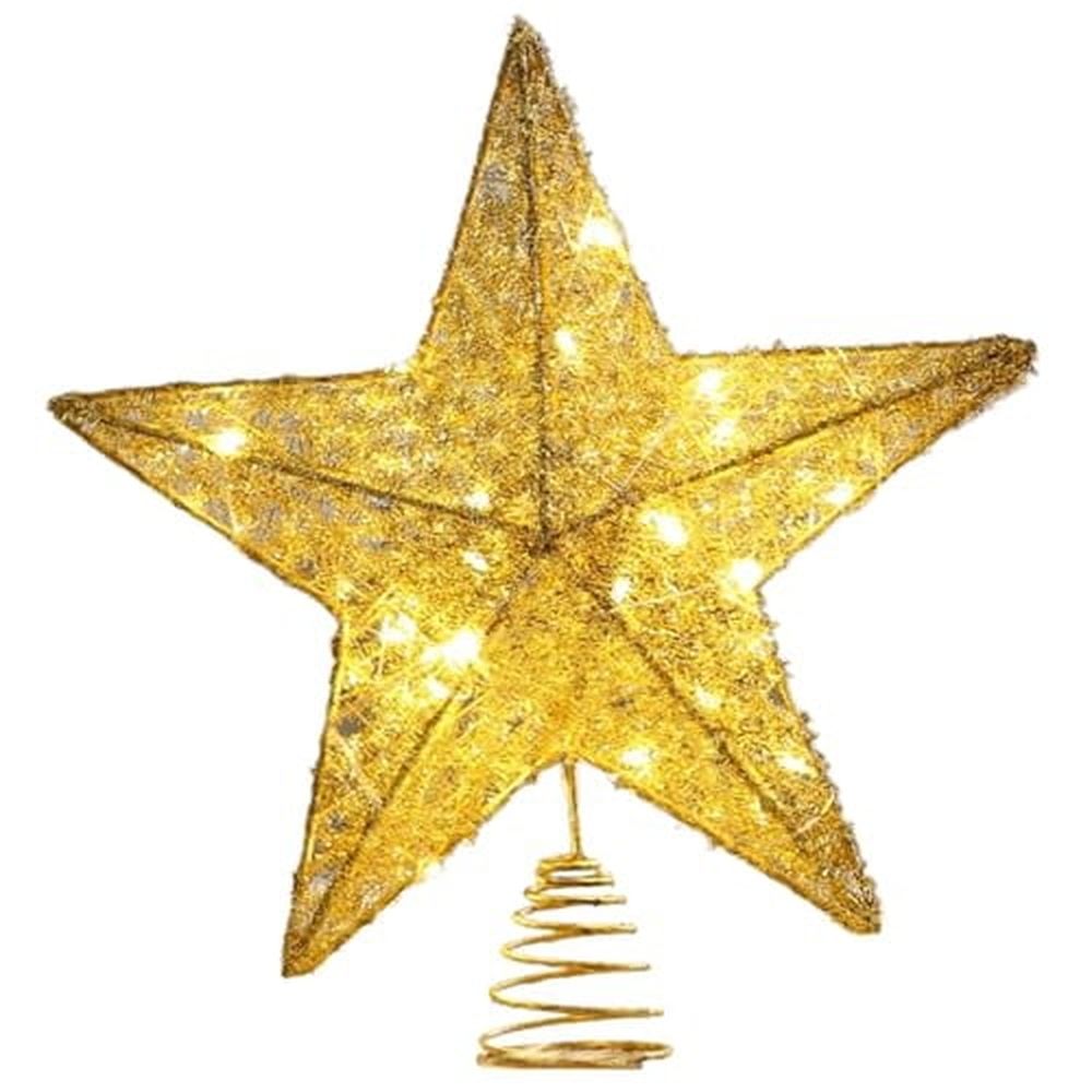 Christmas Star Tree Topper 10" Light Tree Topper with 20 Lamp Beads Shiny Star-Shape Christmas Gold Ornament for Indoor,Outdoor,Home Decor(No Battery)