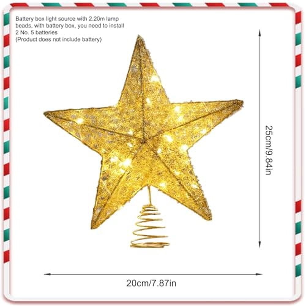 Christmas Star Tree Topper 10" Light Tree Topper with 20 Lamp Beads Shiny Star-Shape Christmas Gold Ornament for Indoor,Outdoor,Home Decor(No Battery)