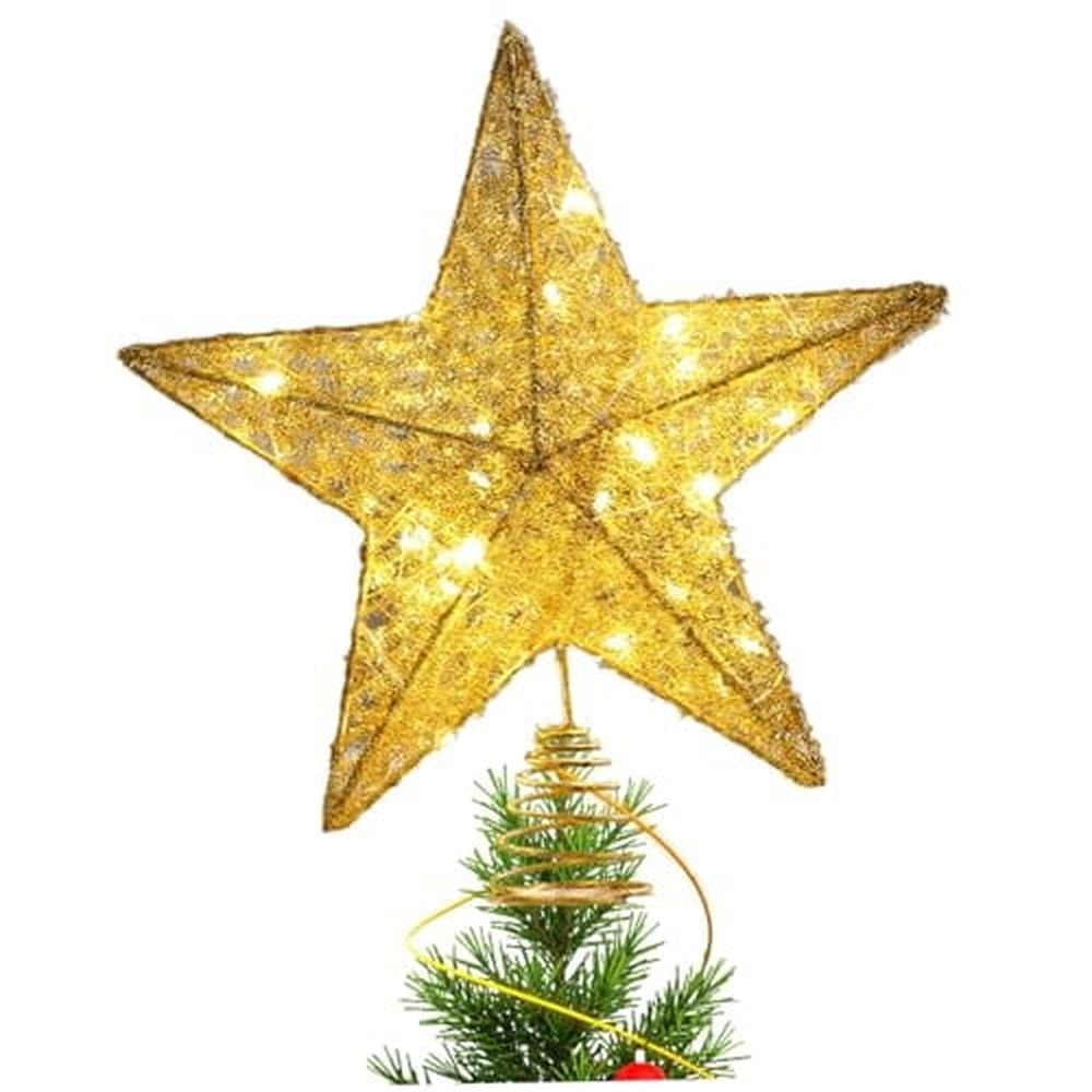 Christmas Star Tree Topper 10" Light Tree Topper with 20 Lamp Beads Shiny Star-Shape Christmas Gold Ornament for Indoor,Outdoor,Home Decor(No Battery)