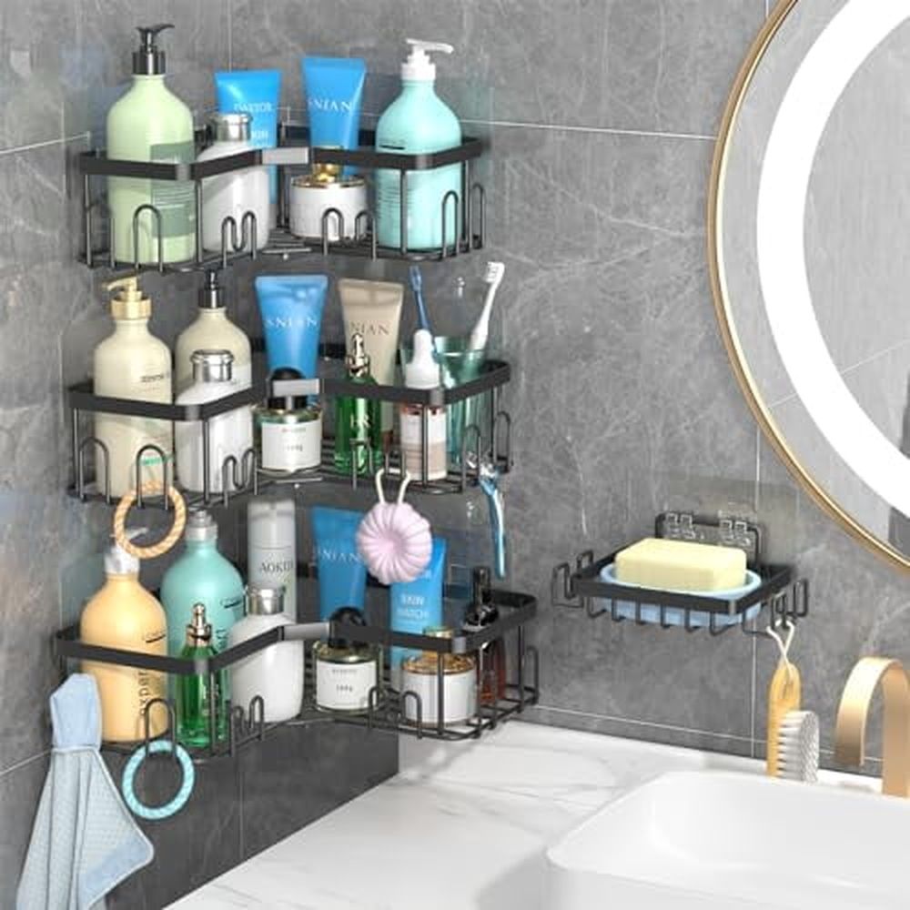 4 Pack Corner Shower Caddy,Stainless Steel Shower Shelf with Hooks,No Drilling Adhesive Corner Shower Shelves,Bathroom Shower Organizer Wall Mounted,Black