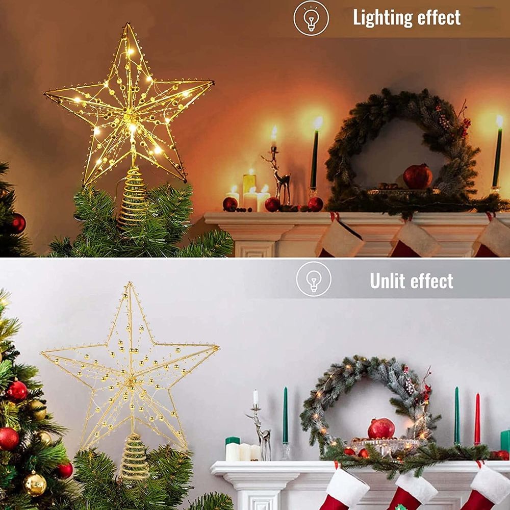 Christmas Tree Topper,10 LEDS 9.84 Inch Christmas Star Tree Topper with Lights Beads,Battery Operated Tree Toppers for Christmas Xmas Tree Holiday Party Decor,Gold Star Warm White