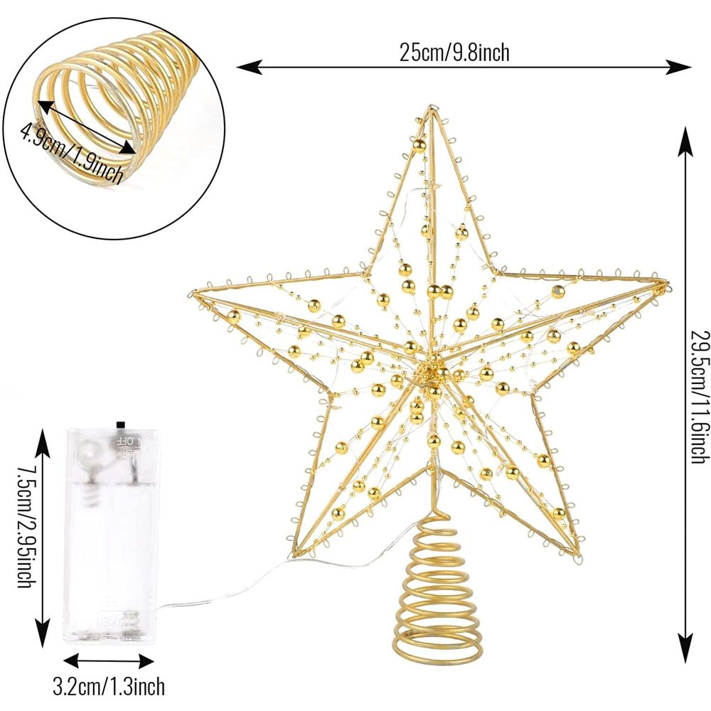 Christmas Tree Topper,10 LEDS 9.84 Inch Christmas Star Tree Topper with Lights Beads,Battery Operated Tree Toppers for Christmas Xmas Tree Holiday Party Decor,Gold Star Warm White