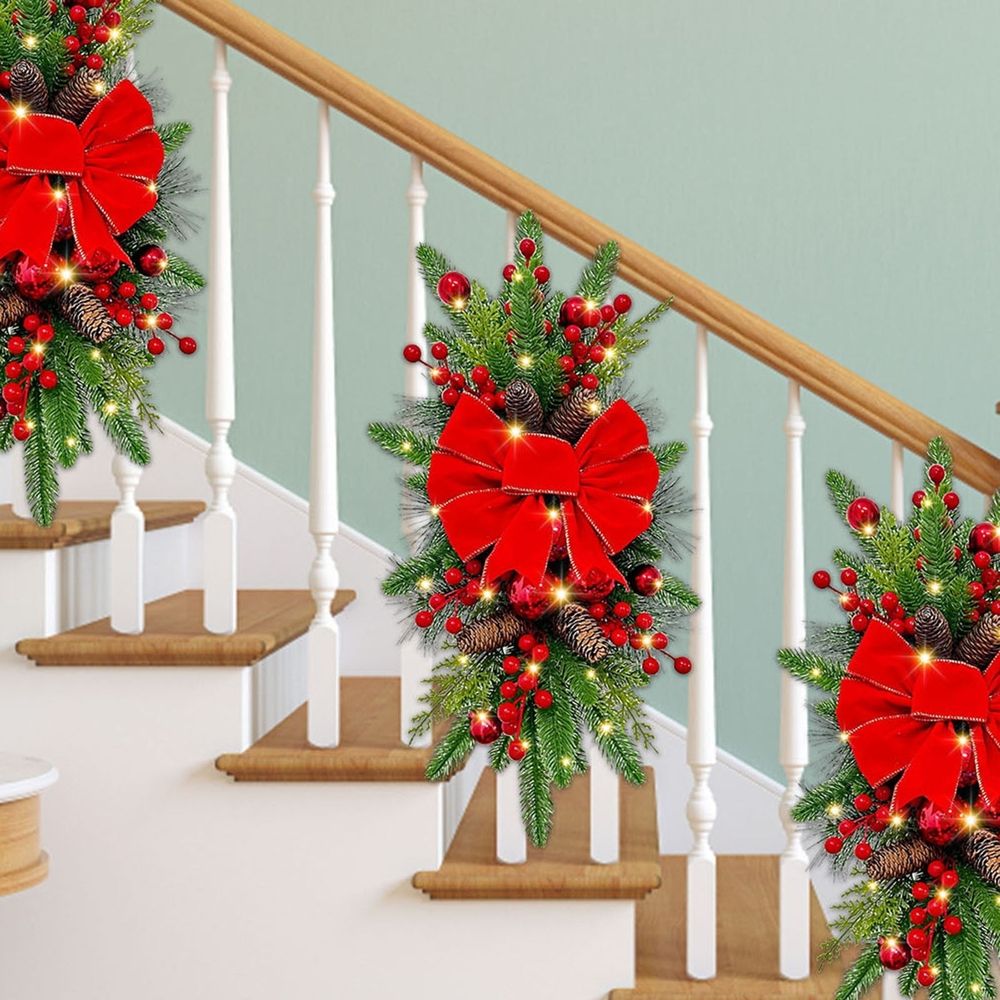 Cordless Prelit Stairway Trim Paired with Christmas Wreaths,Designed for Front Door,Holiday Wall and Window Hanging,Perfect for Indoor and Outdoor Xmas Decor on Staircases,Doors and Windows