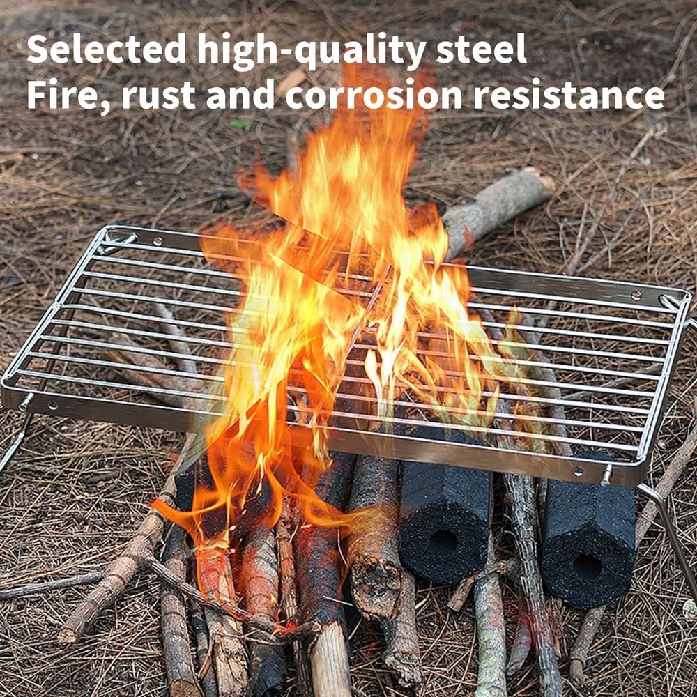Folding Campfire Grill, Stainless Steel Camping Grill Grate with Foldable Legs for Different Cookware,Thickened Non Stick Grill, Easy to Clean,Suitable for Outdoor Camping Cooking
