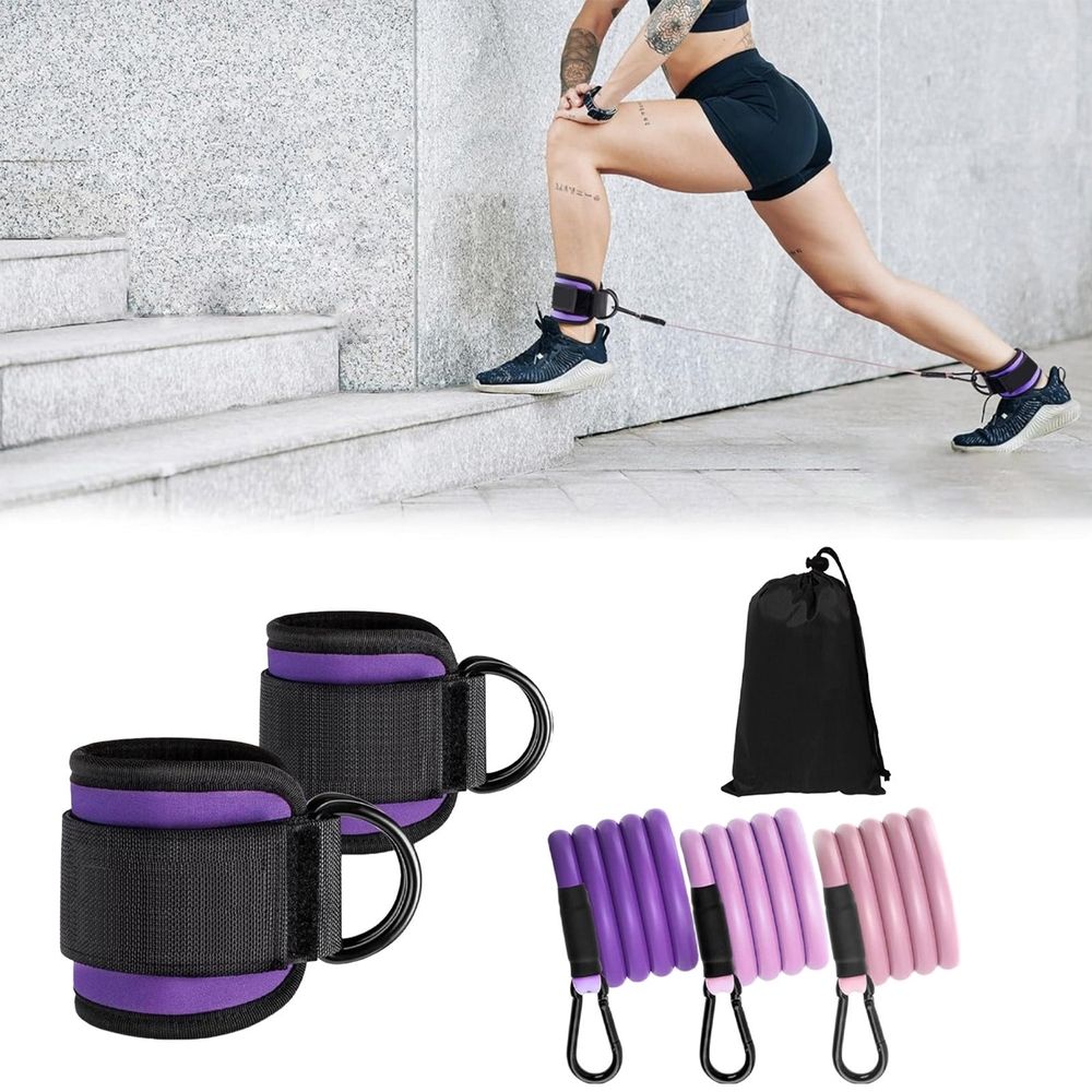 Adjustable Ankle Straps with Resistance Bands, 3-Level 10-30lbs Tension, Leg & Glute Workout Equipment for Home Gym, Padded Cuffs for Squats & Hip Thrusts, 12.6in