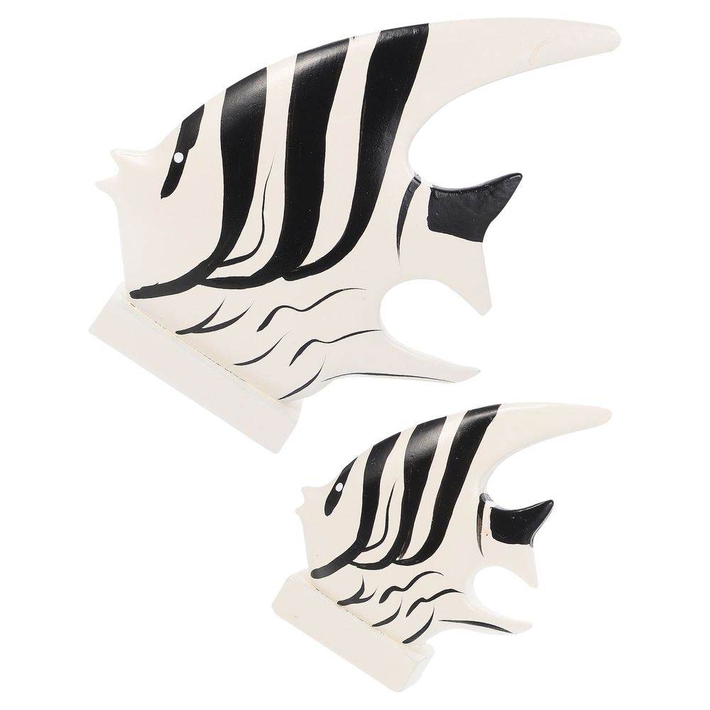 2Pcs Black White Wooden Fish Decorations Desktop Mediterranean Style