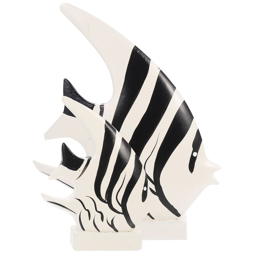 2Pcs Black White Wooden Fish Decorations Desktop Mediterranean Style