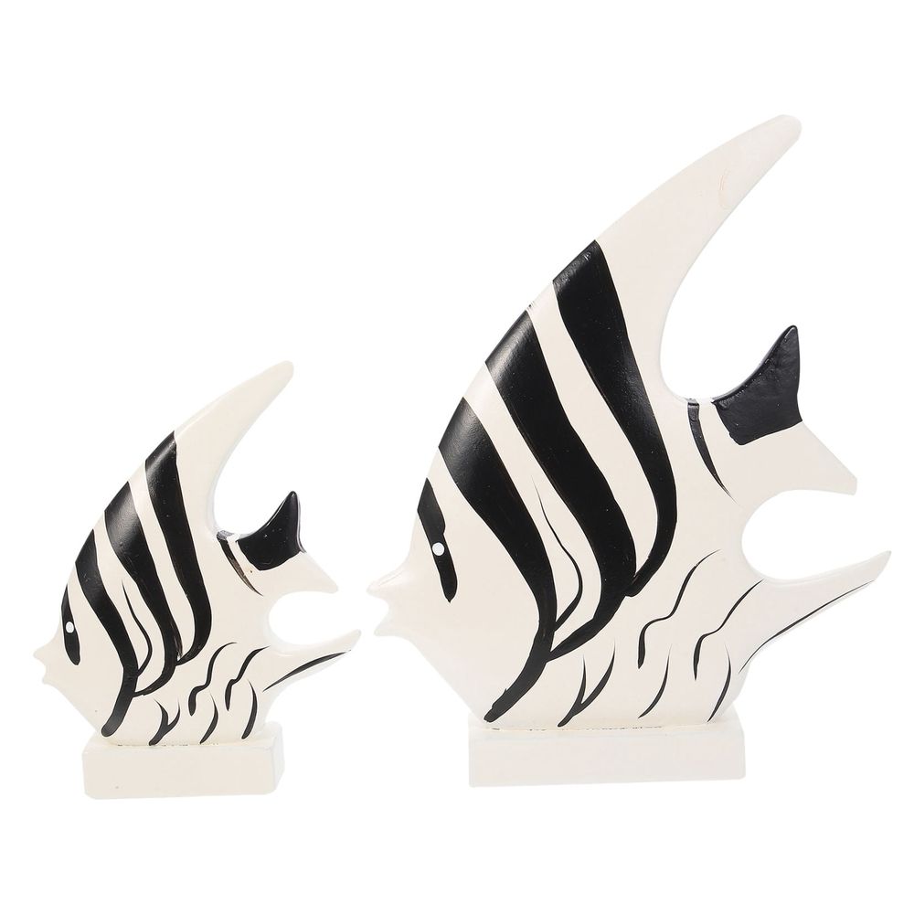 2Pcs Black White Wooden Fish Decorations Desktop Mediterranean Style
