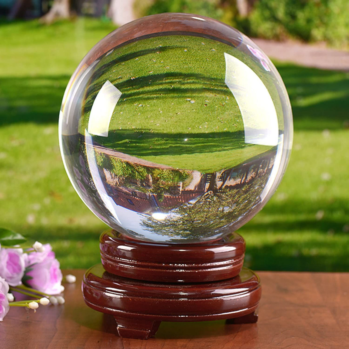 Crystal Ball 150mm Clear Crystal Ball Artificial Glass Crystal Ball Magic Healing Crystal Sphere Ball Lense Ball with Wooden Stand