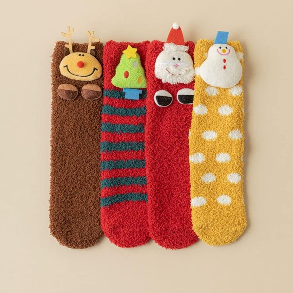 4 Pairs Cute Christmas Slipper Socks for Women Girls Fuzzy Socks Winter Warm Fleece Floor Socks with Grippers Cozy Sleep Socks Fluffy Indoor Slippers Home Shoes Socks Christmas Gift