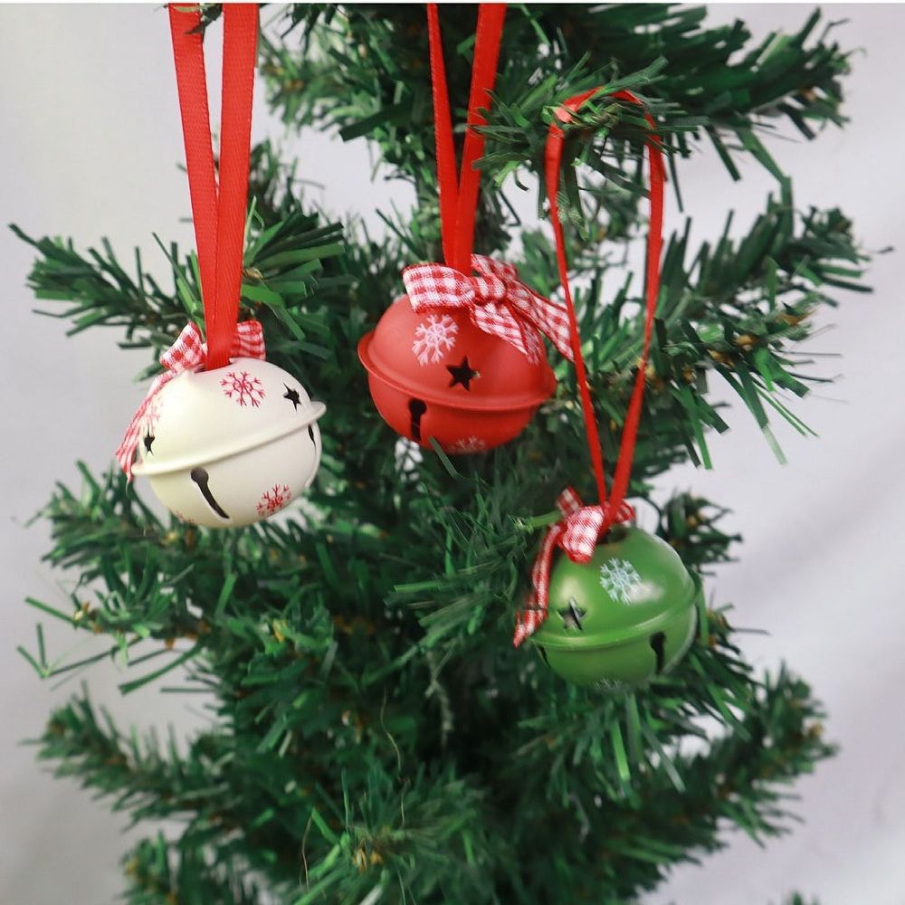 24 Pieces Christmas Jingle Bells with Ribbon Metal Cutout Craft Bells Hanging Ornaments for Christmas Tree Xmas Decoration, Red Green White, 1.57”