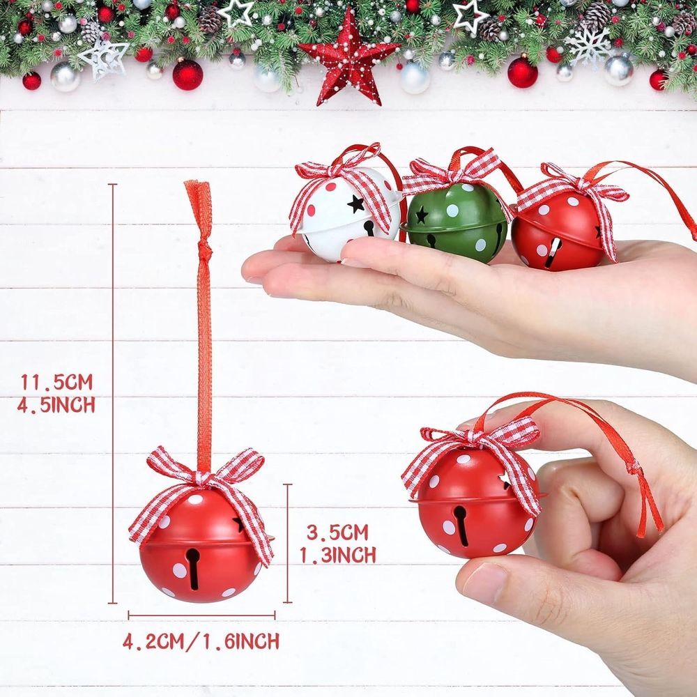 24 Pieces Christmas Jingle Bells with Ribbon Metal Cutout Craft Bells Hanging Ornaments for Christmas Tree Xmas Decoration, Red Green White, 1.57”