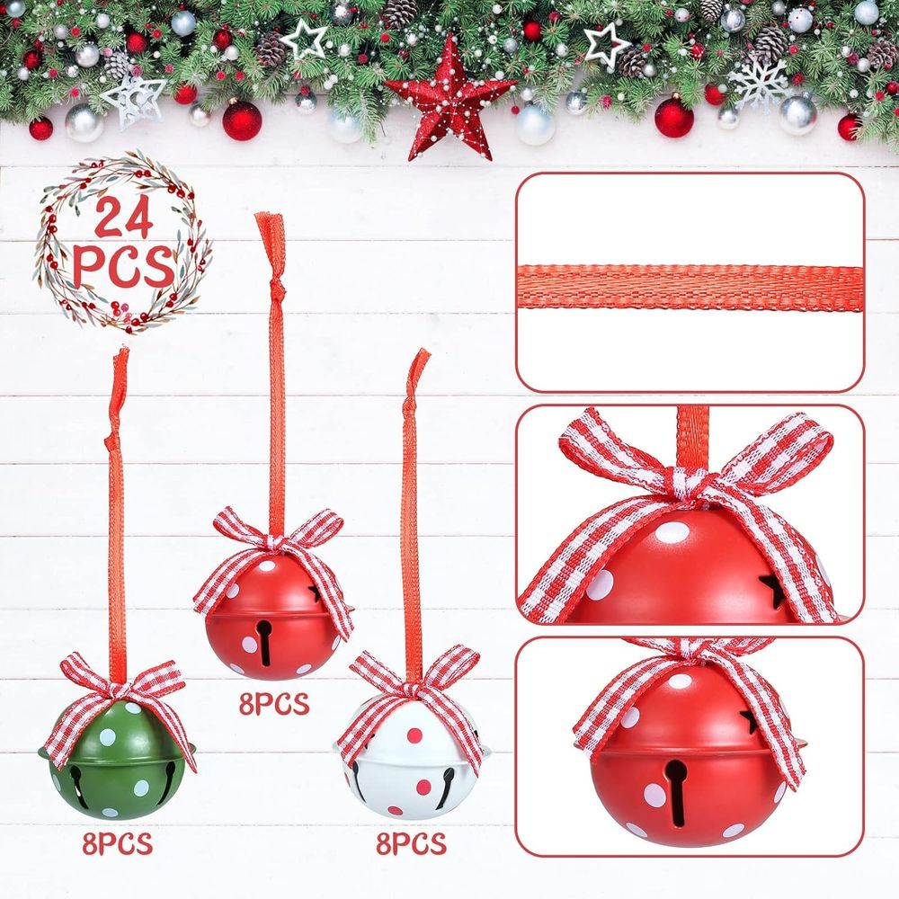 24 Pieces Christmas Jingle Bells with Ribbon Metal Cutout Craft Bells Hanging Ornaments for Christmas Tree Xmas Decoration, Red Green White, 1.57”