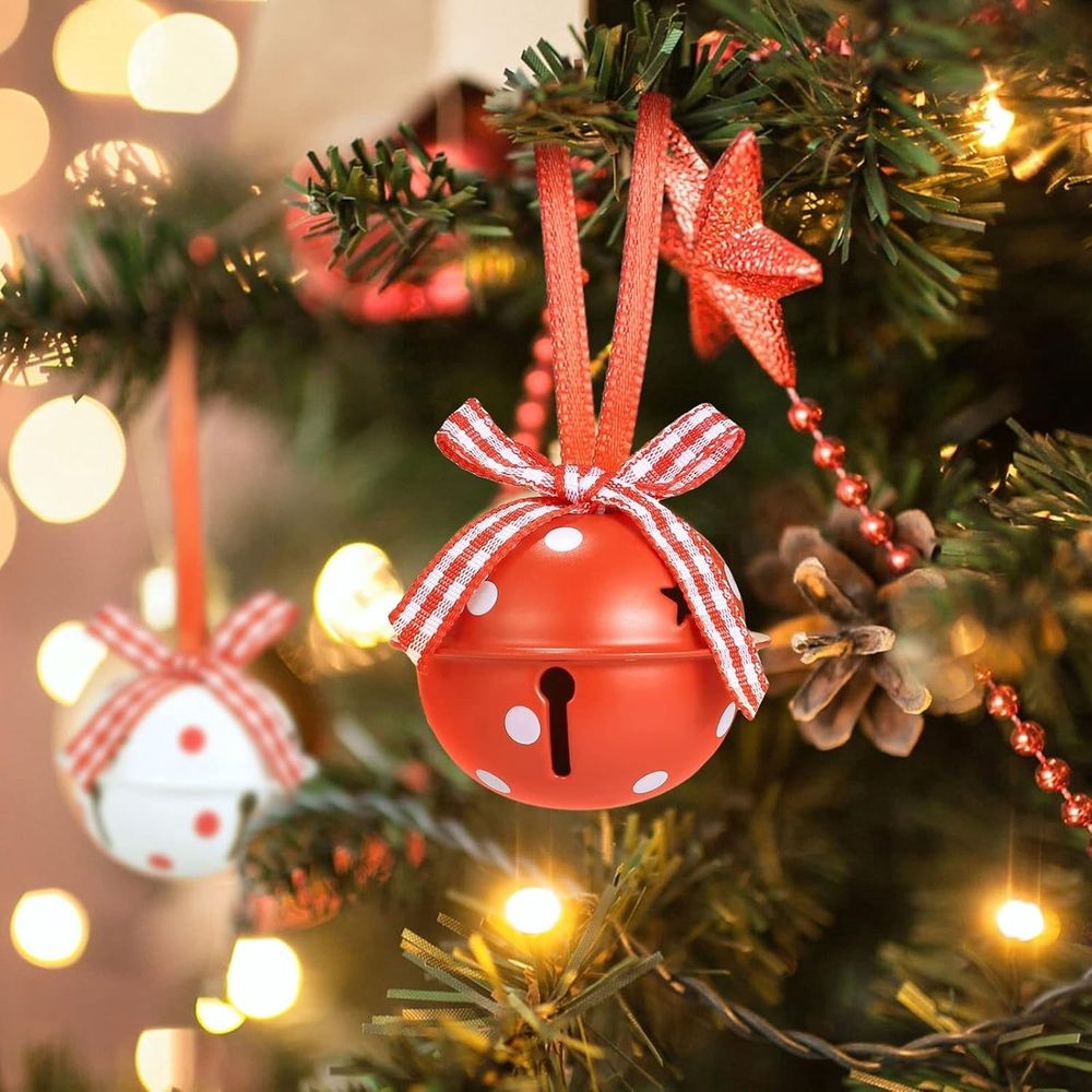 24 Pieces Christmas Jingle Bells with Ribbon Metal Cutout Craft Bells Hanging Ornaments for Christmas Tree Xmas Decoration, Red Green White, 1.57”