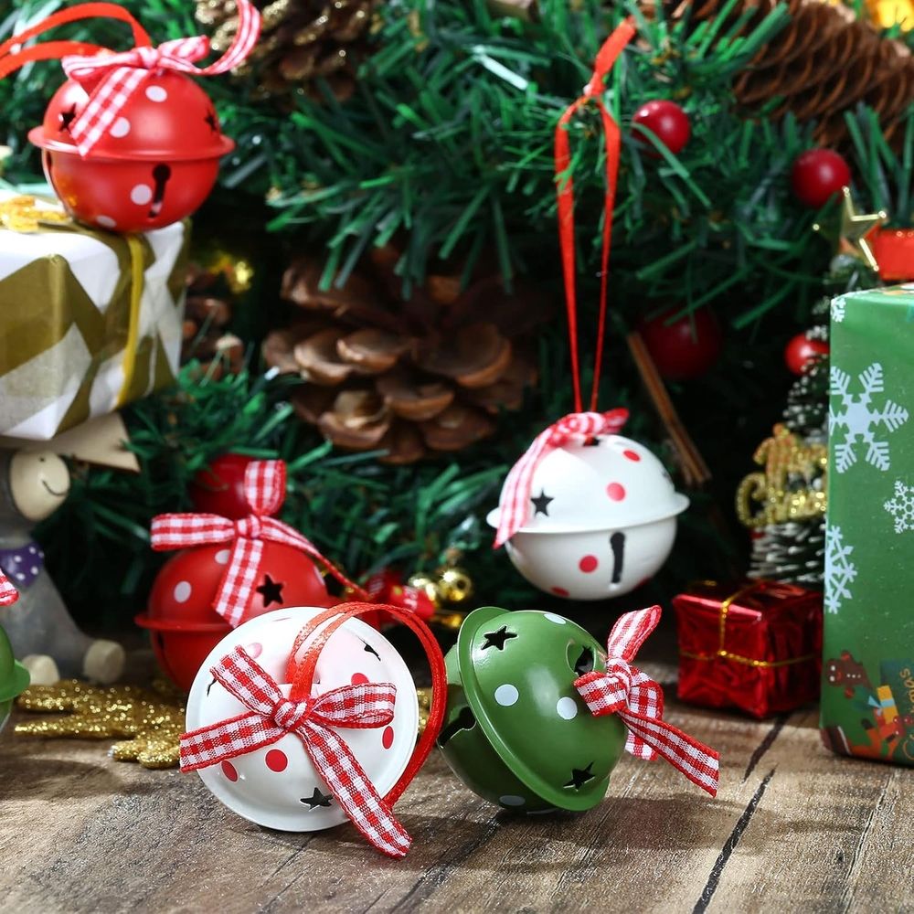 24 Pieces Christmas Jingle Bells with Ribbon Metal Cutout Craft Bells Hanging Ornaments for Christmas Tree Xmas Decoration, Red Green White, 1.57”