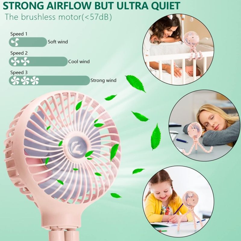 Mini Handheld Personal Portable Fan, Baby Stroller Fan, Car Seat Fan, USB or Battery Powered, with Flexible Tripod Clip (Pink)