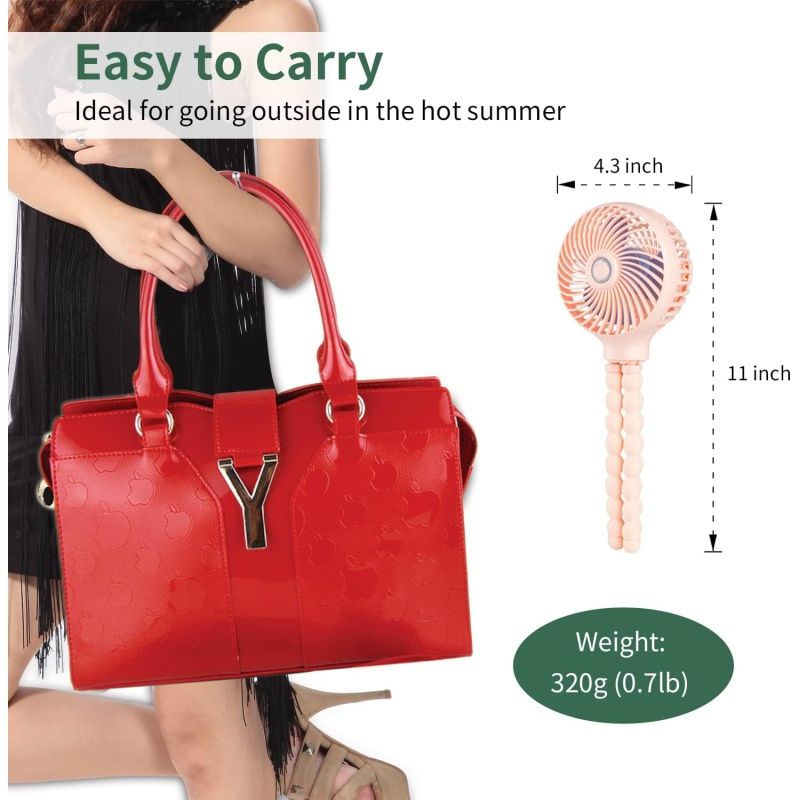 Mini Handheld Personal Portable Fan, Baby Stroller Fan, Car Seat Fan, USB or Battery Powered, with Flexible Tripod Clip (Pink)