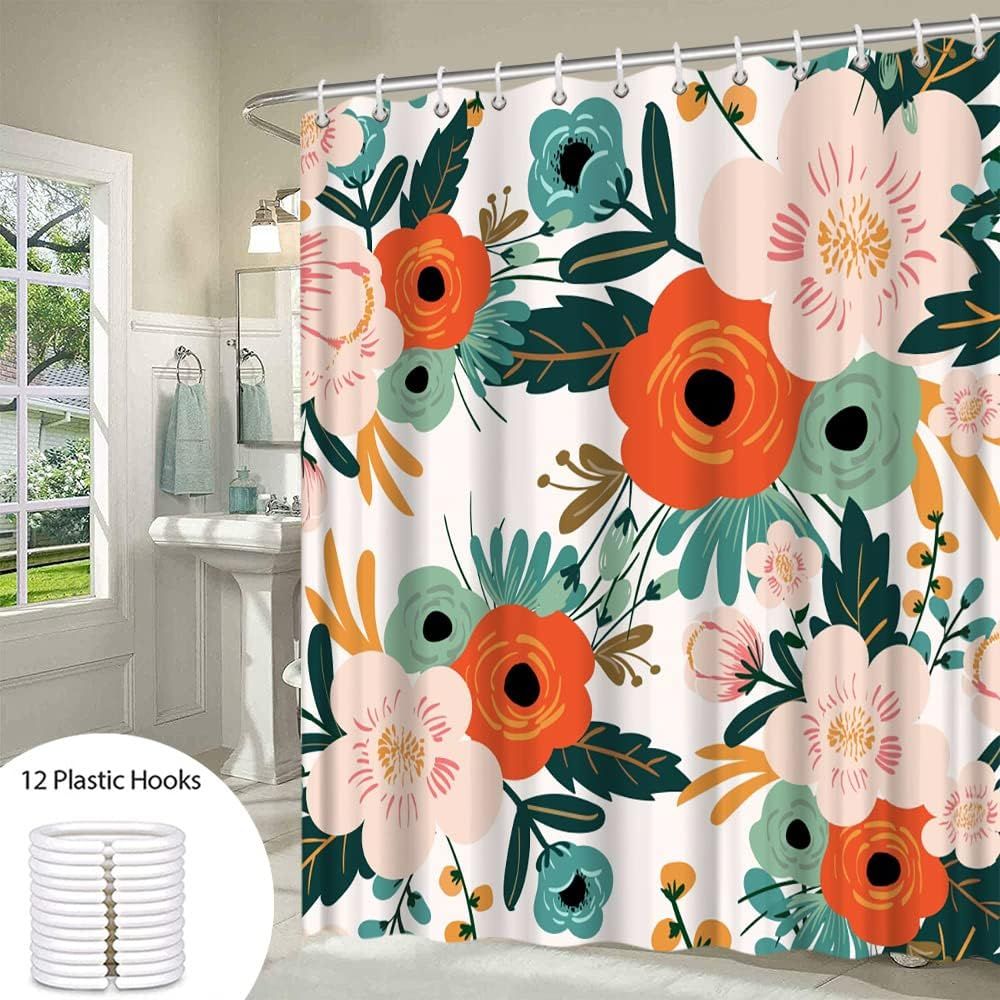 Colorful Floral Shower Curtain Watercolor Spring Red Flower Green Leaves Boho Botanical Poppy Bathroom Curtains Set with Hooks