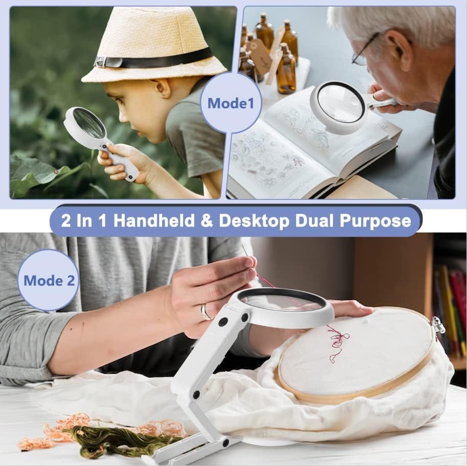 22X 10X Magnifying Glass with Light and Stand, 3.35INCH Large Foldable Handheld Magnifying Glass with Dimmable 8 LED