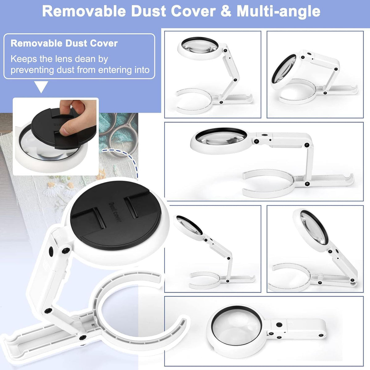 22X 10X Magnifying Glass with Light and Stand, 3.35INCH Large Foldable Handheld Magnifying Glass with Dimmable 8 LED