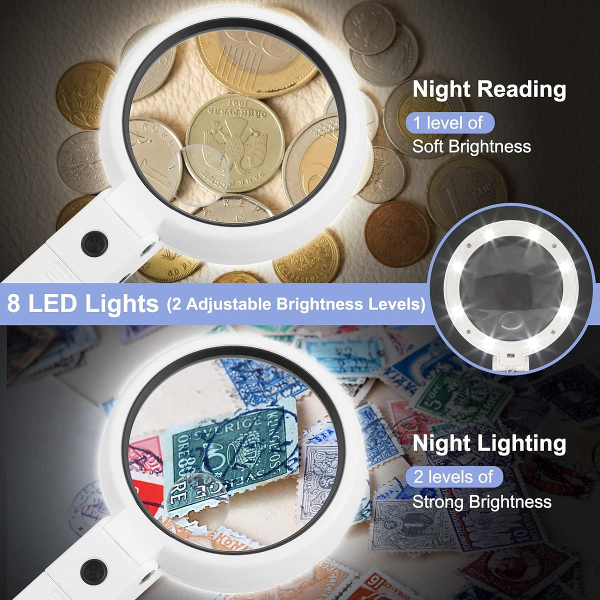 22X 10X Magnifying Glass with Light and Stand, 3.35INCH Large Foldable Handheld Magnifying Glass with Dimmable 8 LED