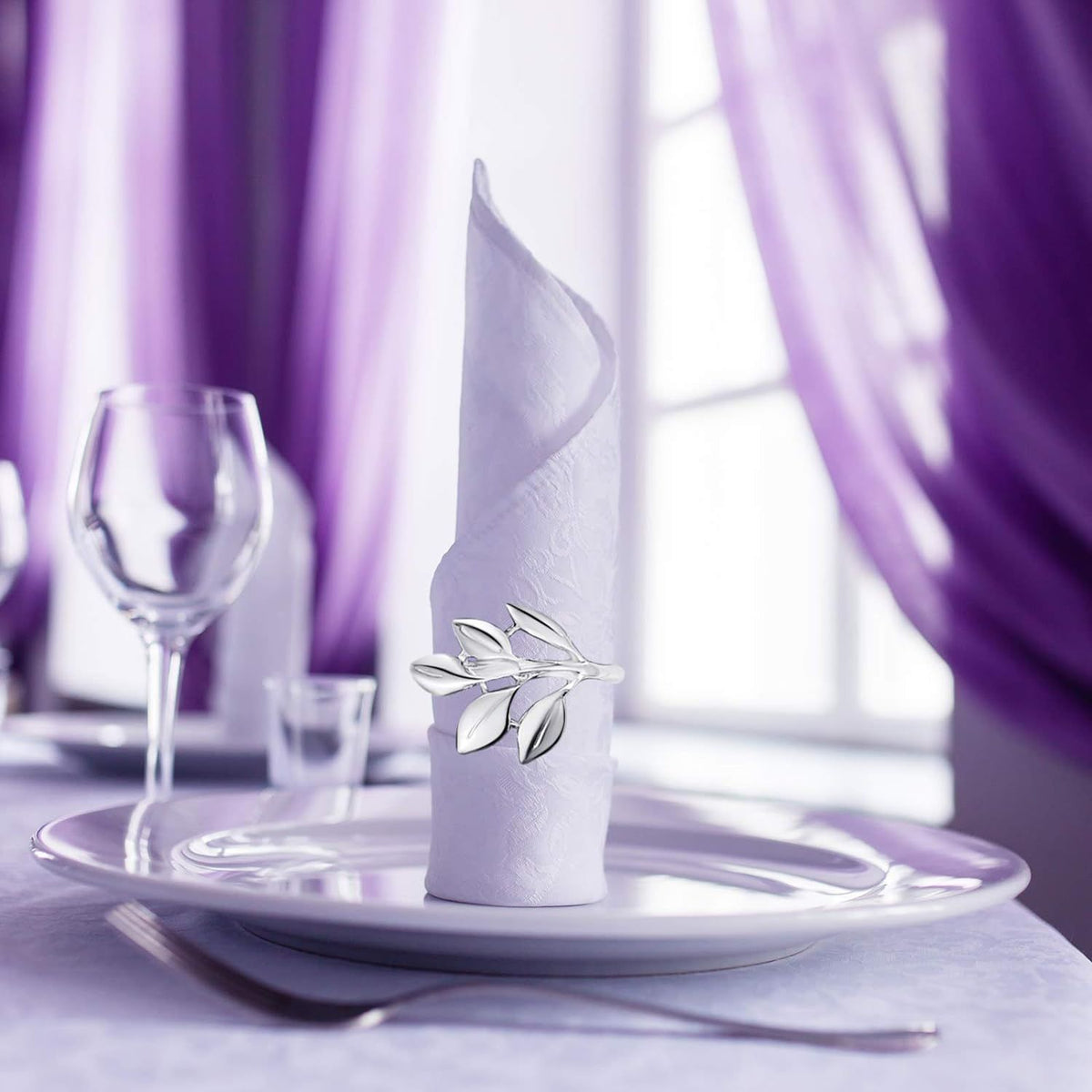 Leaf Napkin Ring Set Thanksgiving Napkin Ring Holders Bridal Vintage Napkin Band Adornment Dining Table Ring (Silver, 24 Pieces)