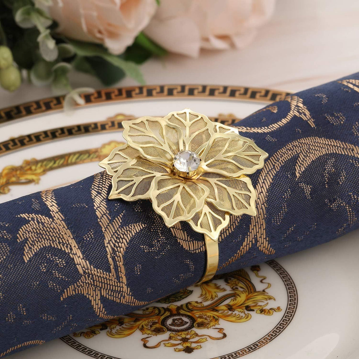 24 Pack Hollow Out Flower Napkin Rings Alloy Floral Rhinestone Napkin Holder Set Adornment Exquisite Household for Christmas(Gold)