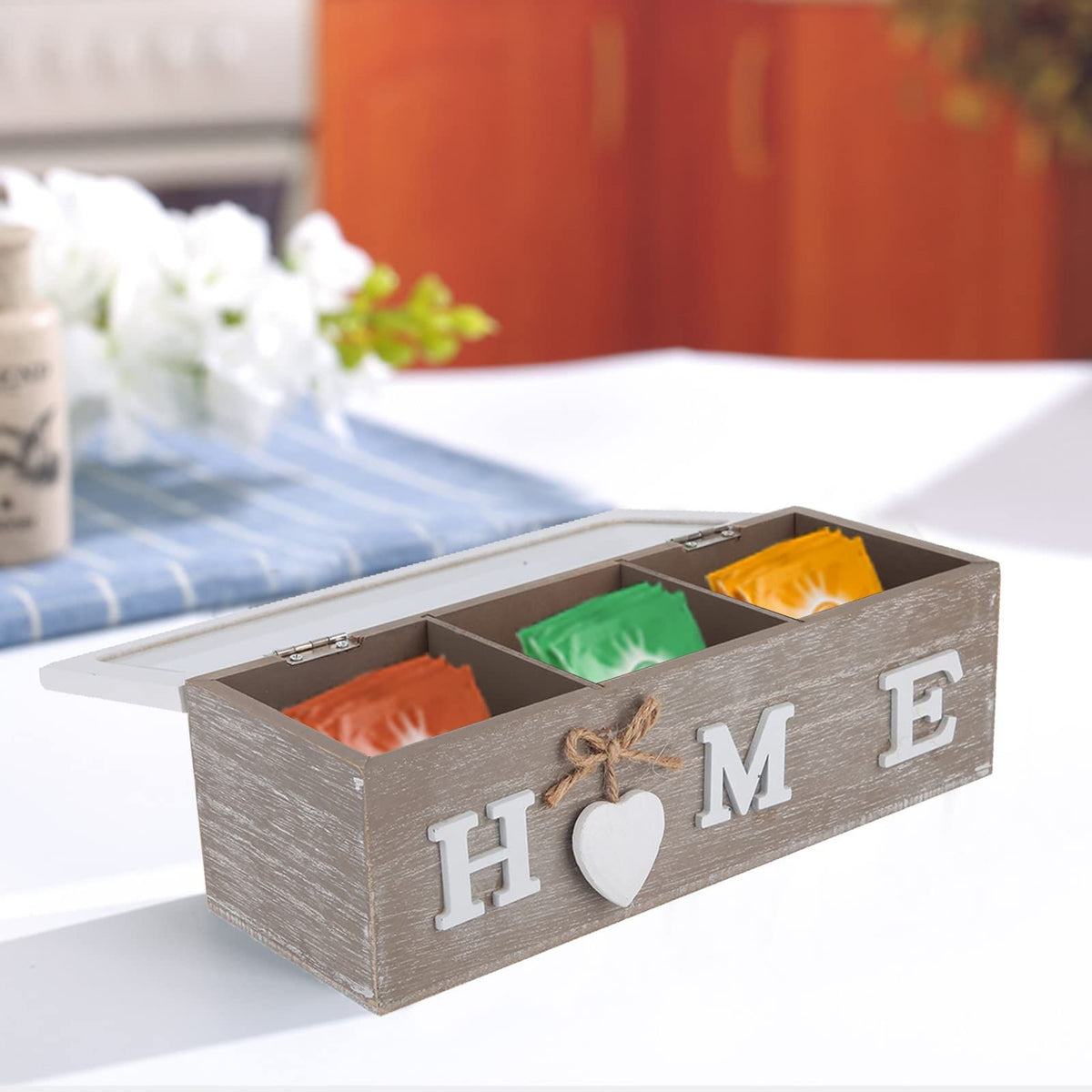 Wood Tea Box, Tea Bag Organizer with Lid, Tea Storage Chest Wooden Box Clear Sampler Assortment Box