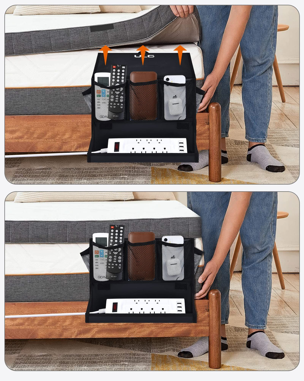 Bedside Caddy, Hanging Bedside Organizer with Power Strip Holder, Bedside Storage Organizer with 6 Pockets,(Black)