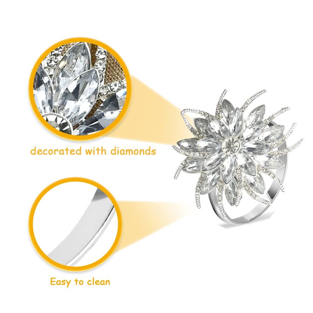 Bling Metallic Napkin Rings Set of 12, Elegant Alloy Diamond Snowflake Napkins Ring Decor Gifts for Weddings, Receptions(Silver)