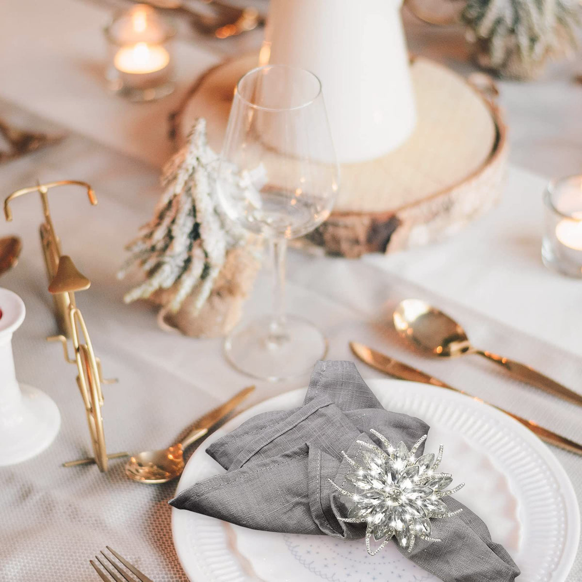 Bling Metallic Napkin Rings Set of 12, Elegant Alloy Diamond Snowflake Napkins Ring Decor Gifts for Weddings, Receptions(Silver)