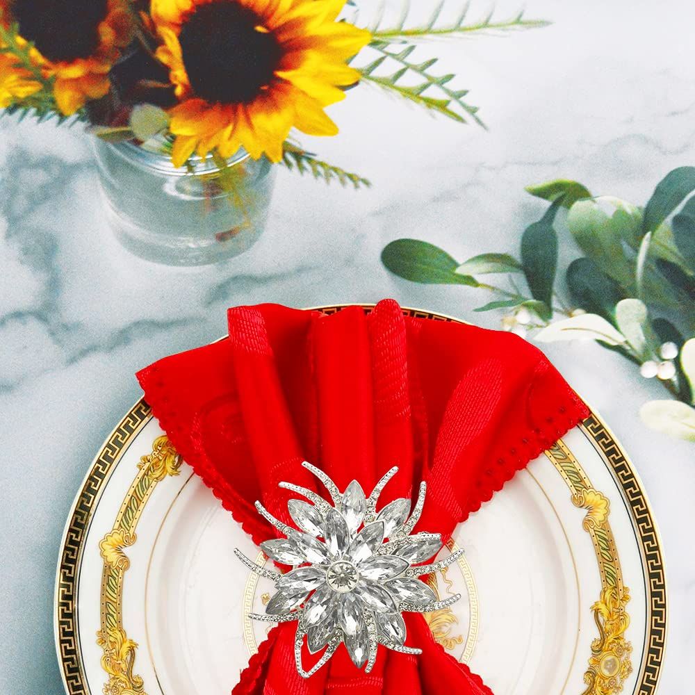 Bling Metallic Napkin Rings Set of 12, Elegant Alloy Diamond Snowflake Napkins Ring Decor Gifts for Weddings, Receptions(Silver)