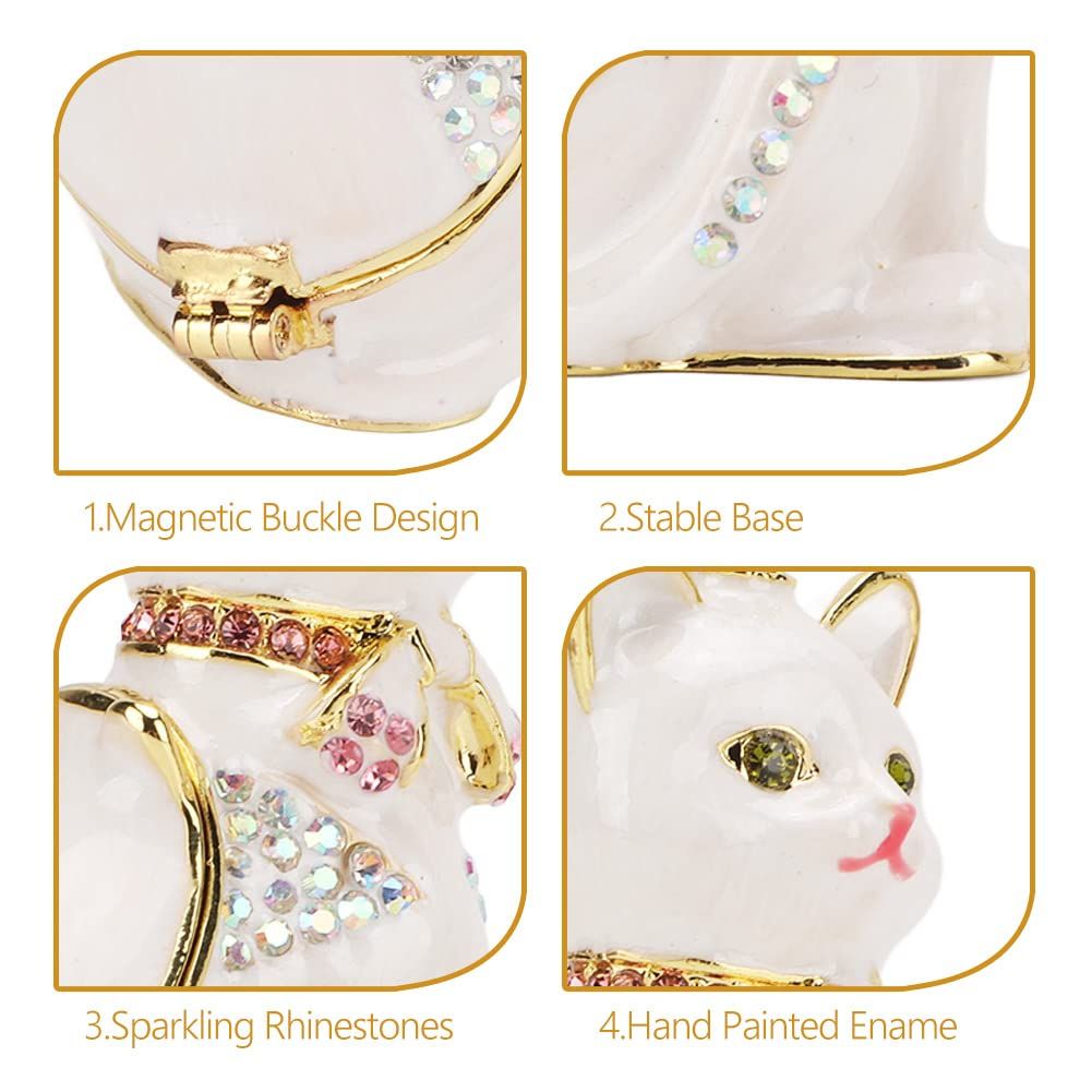 Enameled Trinket Box, Hand Painted Enameled Cat Jewelry Box with Sparkling Rhinestones for Home Office Decor