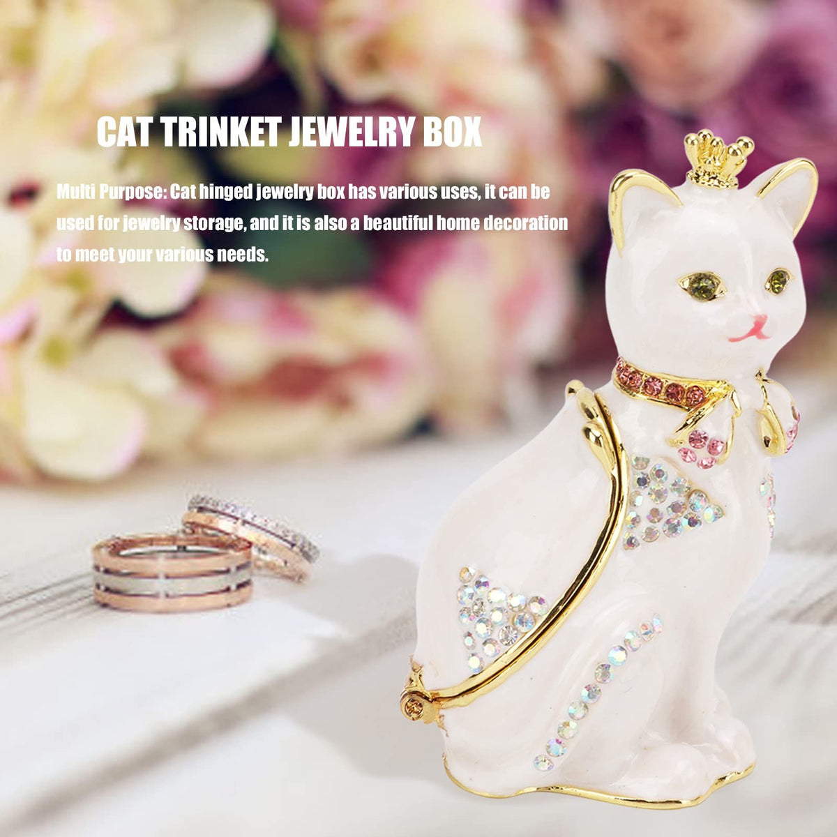 Enameled Trinket Box, Hand Painted Enameled Cat Jewelry Box with Sparkling Rhinestones for Home Office Decor