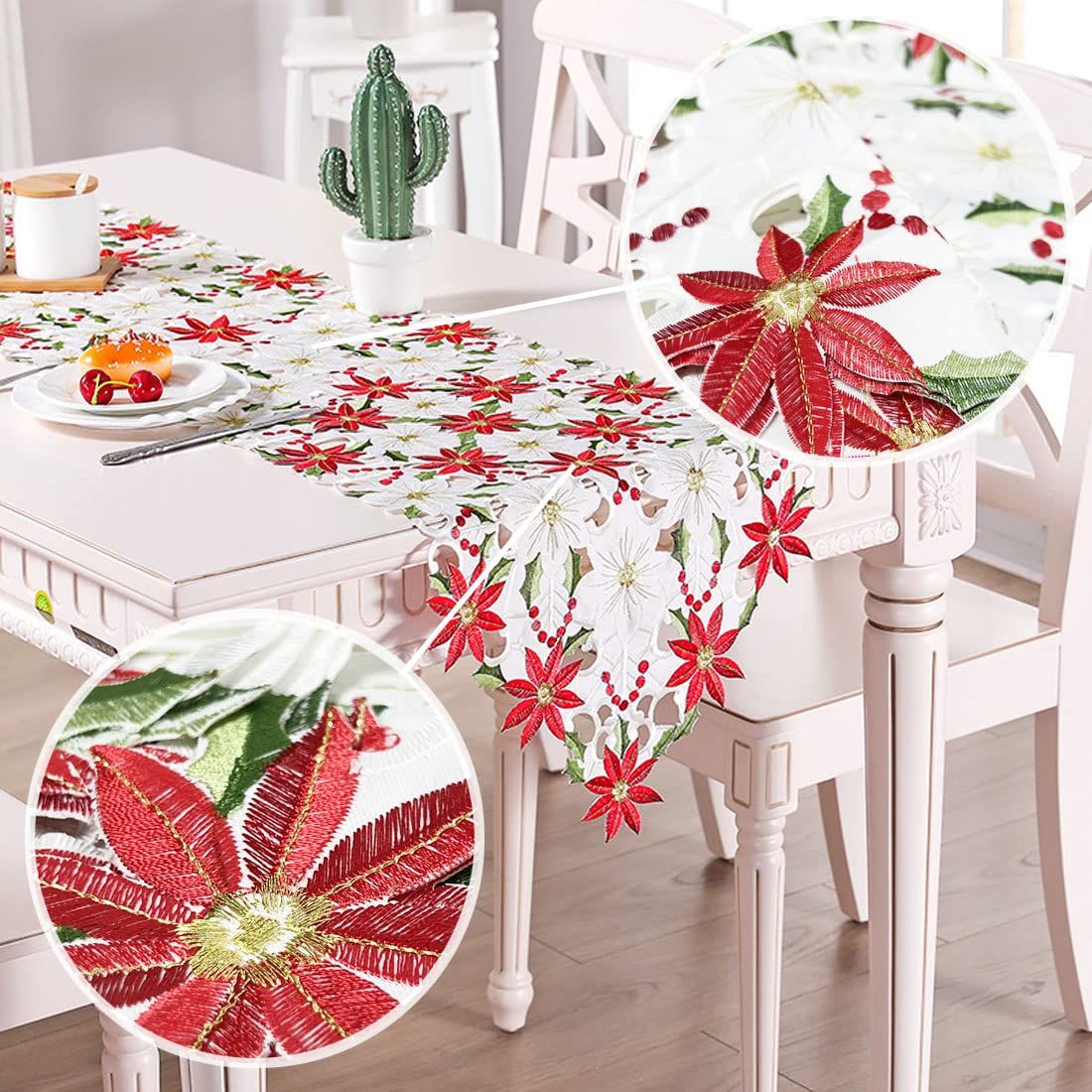 OurWarm Christmas Embroidered Table Poinsettia Holly Leaf Table Linens for Christmas Decorations-15" X 69"
