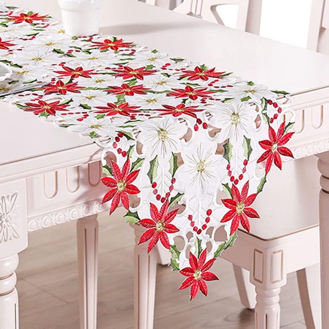OurWarm Christmas Embroidered Table Poinsettia Holly Leaf Table Linens for Christmas Decorations-15" X 69"