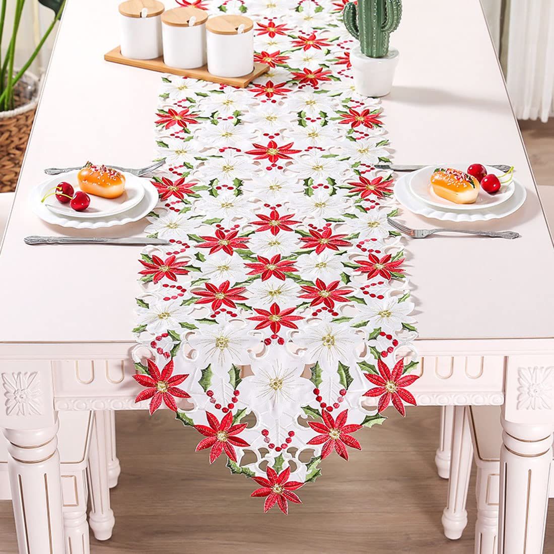 OurWarm Christmas Embroidered Table Poinsettia Holly Leaf Table Linens for Christmas Decorations-15" X 69"