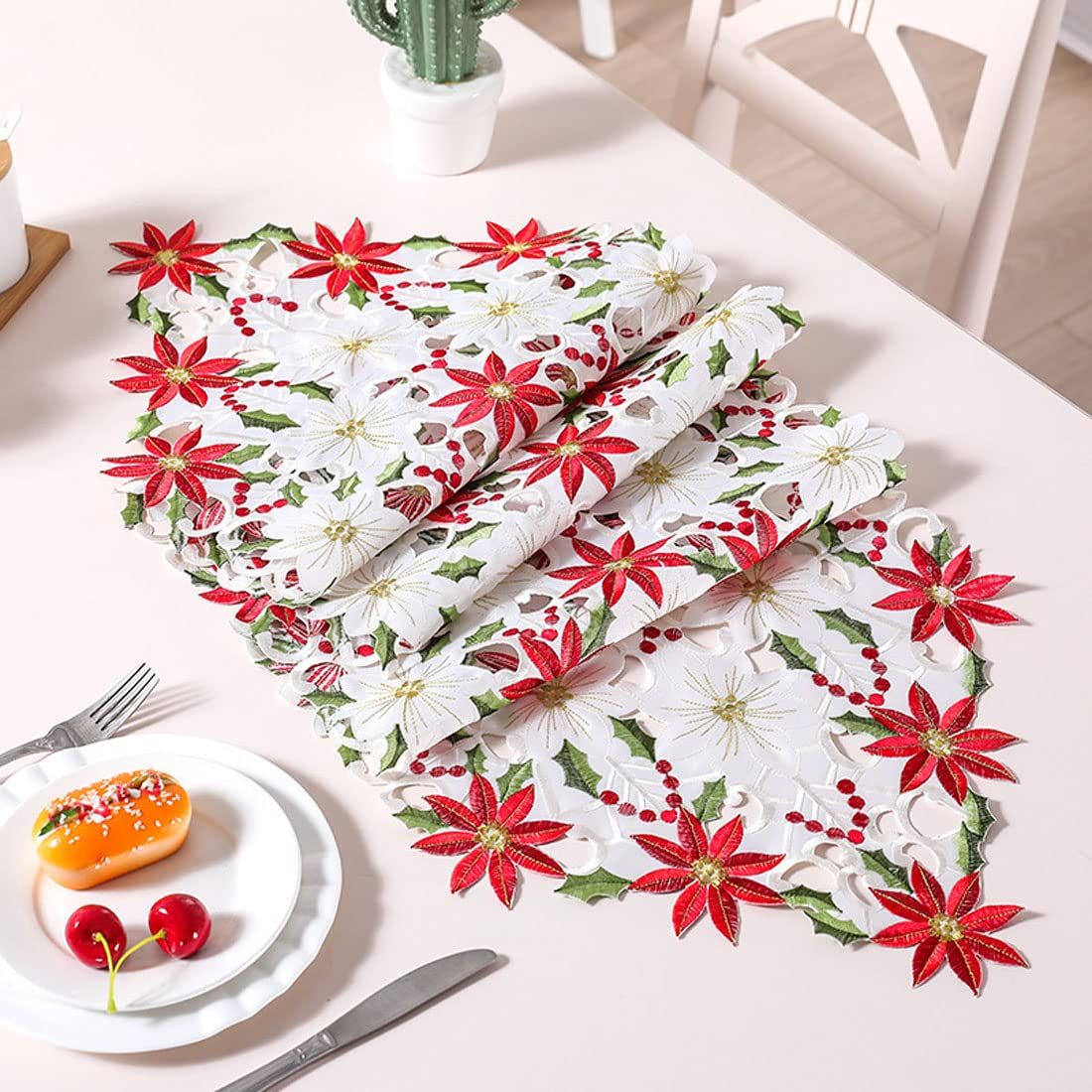 OurWarm Christmas Embroidered Table Poinsettia Holly Leaf Table Linens for Christmas Decorations-15" X 69"