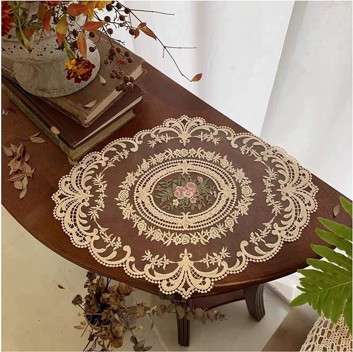 2Pack Retro Lace Placemats, French Crochet , Handmade Embroidered Table Mats, 12x16-in Beige Place Mats Cup Mat