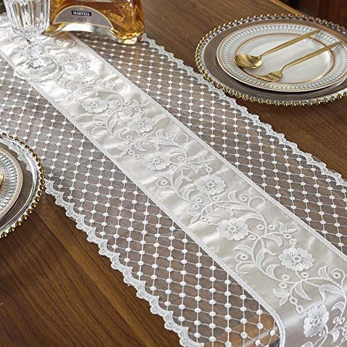 Lace Table Runner Embroidered Gauze ,Classic ,Fancy Overlay Exquisite Rustic Boho Plain White Tablecloth, ( 12x82 Inch)