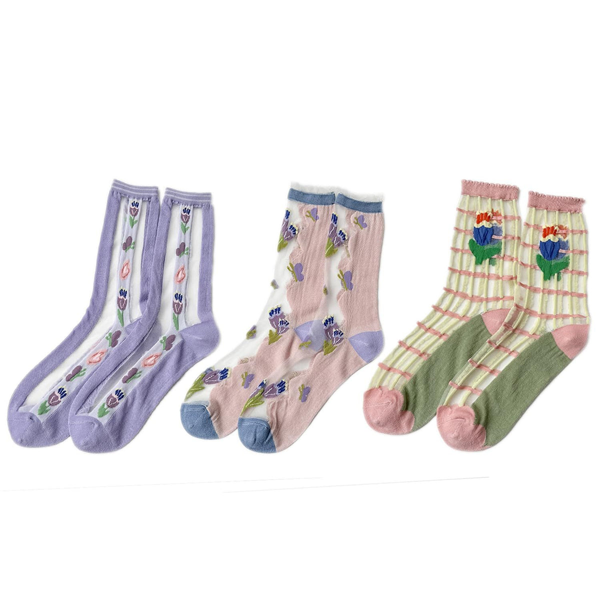 3 pairs Womens Girls Lace Sheer Socks Ultrathin Crystal Glass Crew Socks Transparent Novelty Nylon Fishnet Ankle Socks