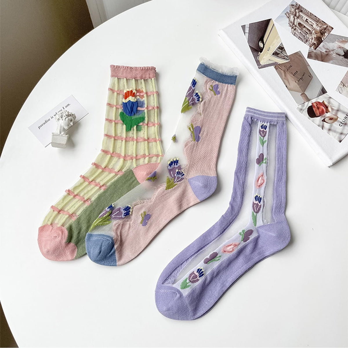 3 pairs Womens Girls Lace Sheer Socks Ultrathin Crystal Glass Crew Socks Transparent Novelty Nylon Fishnet Ankle Socks