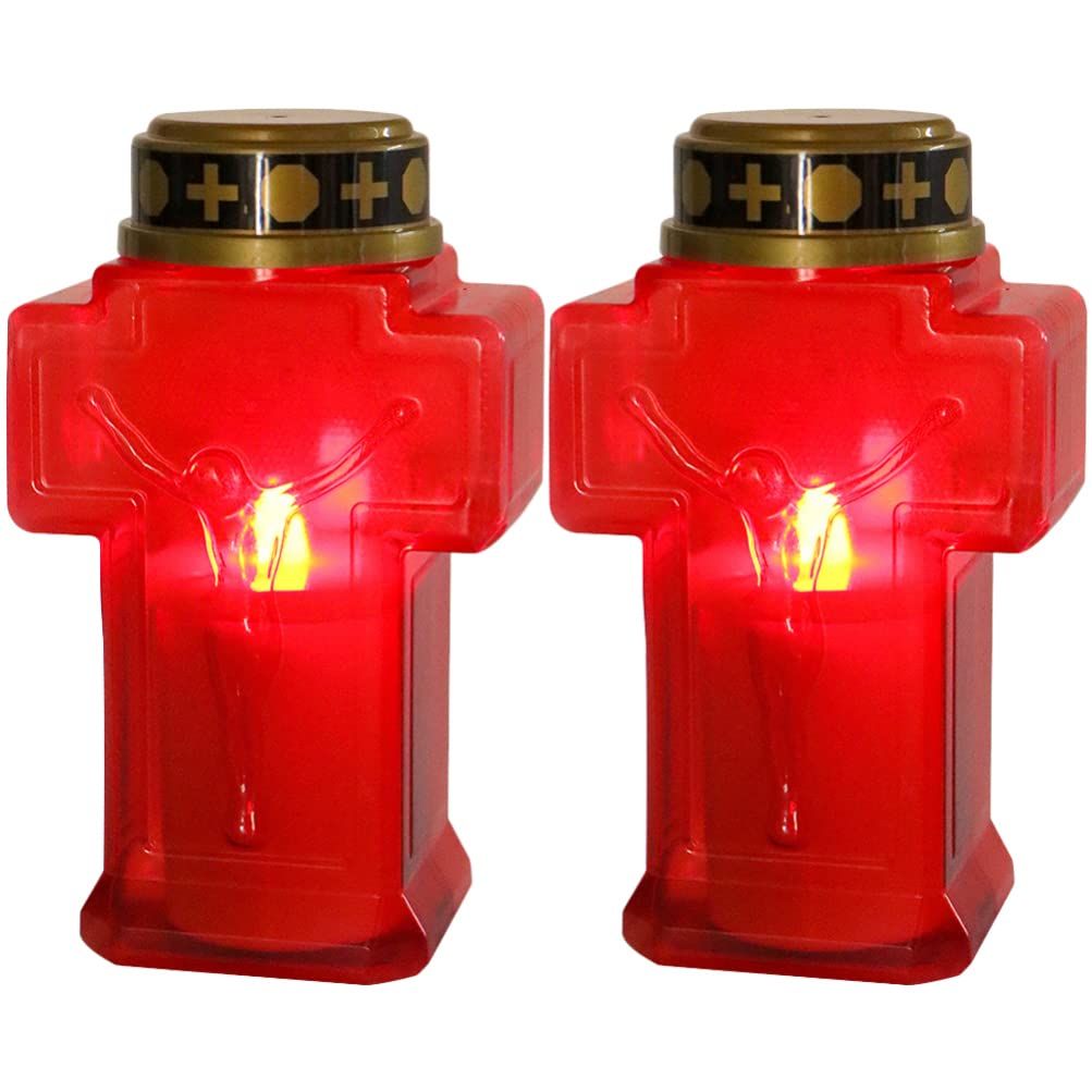 2pcs Cross Candle Light, Red Flickering Flameless Candles Reusable Church Graveyard Led Candles Grave Decorations