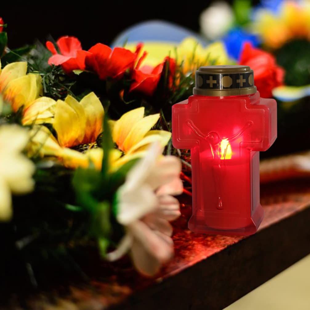 2pcs Cross Candle Light, Red Flickering Flameless Candles Reusable Church Graveyard Led Candles Grave Decorations