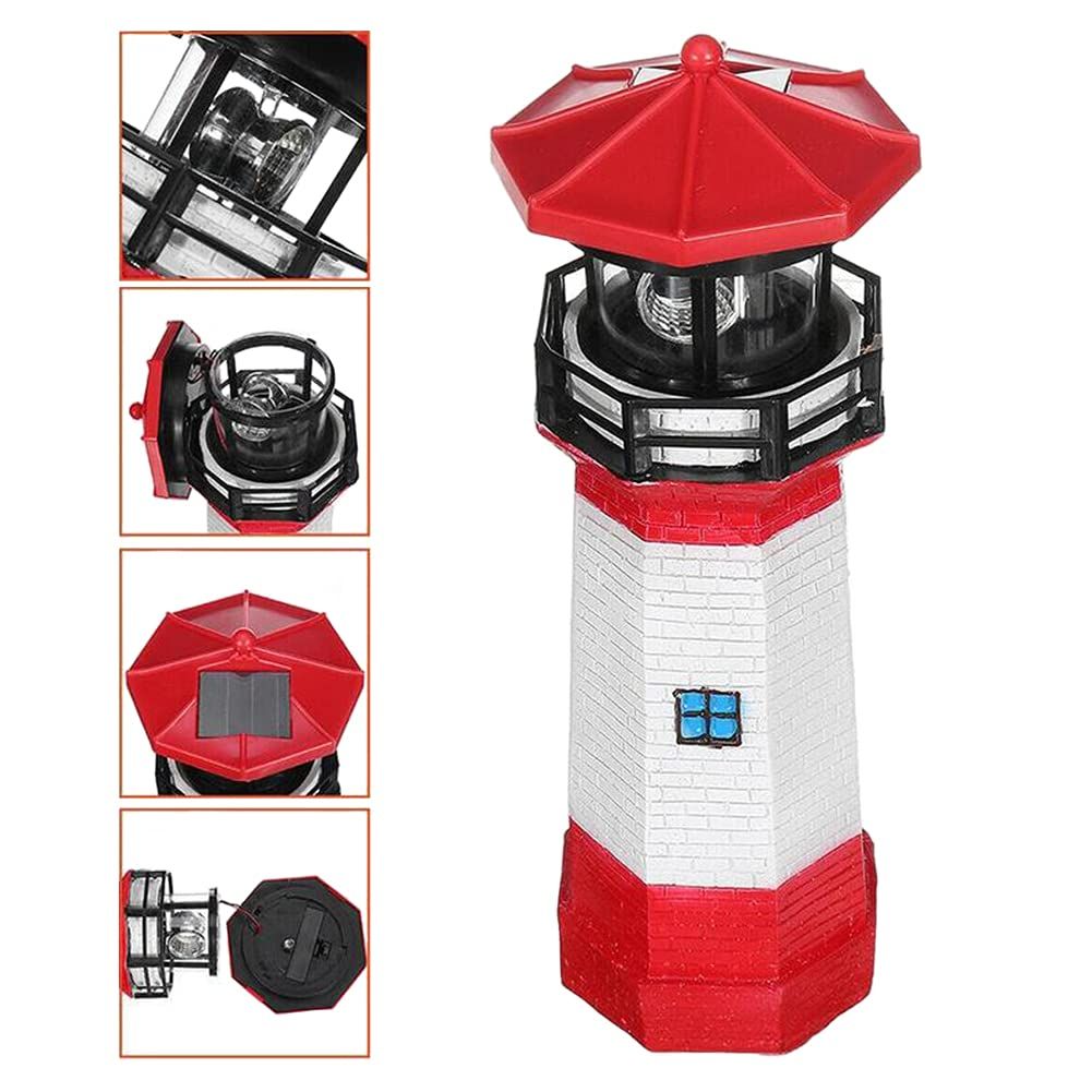Solar Lighthouse Garden Statue with Rotating Lamp, 27cm Resin Solar Lighthouse Sculpture Waterproof Garden Ornaments Outdoor LED