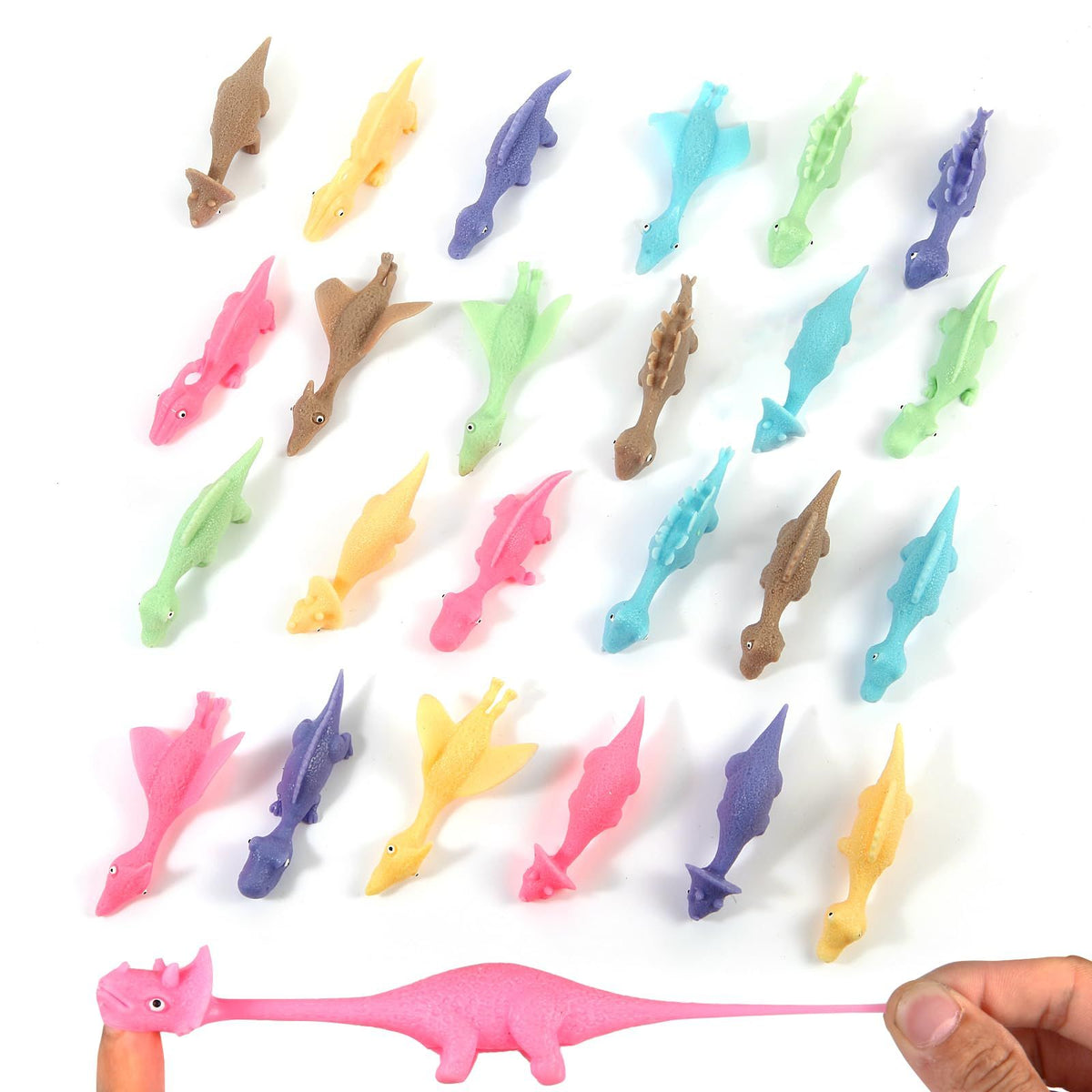 24PCS Rubber Flving Dinosaur Toys Finger Slingshot Animal Toys Animal Slingshots Catapult Toys Dino Shooter Game Stretchy Toy
