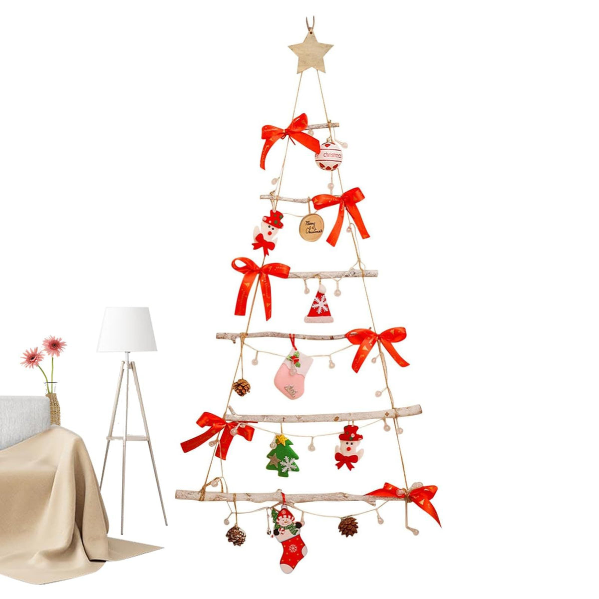 Wall Lighted Christmas Tree Christmas Decoration with Led Light Tree Shaped Decor with Santa Claus and Bells for Room Home