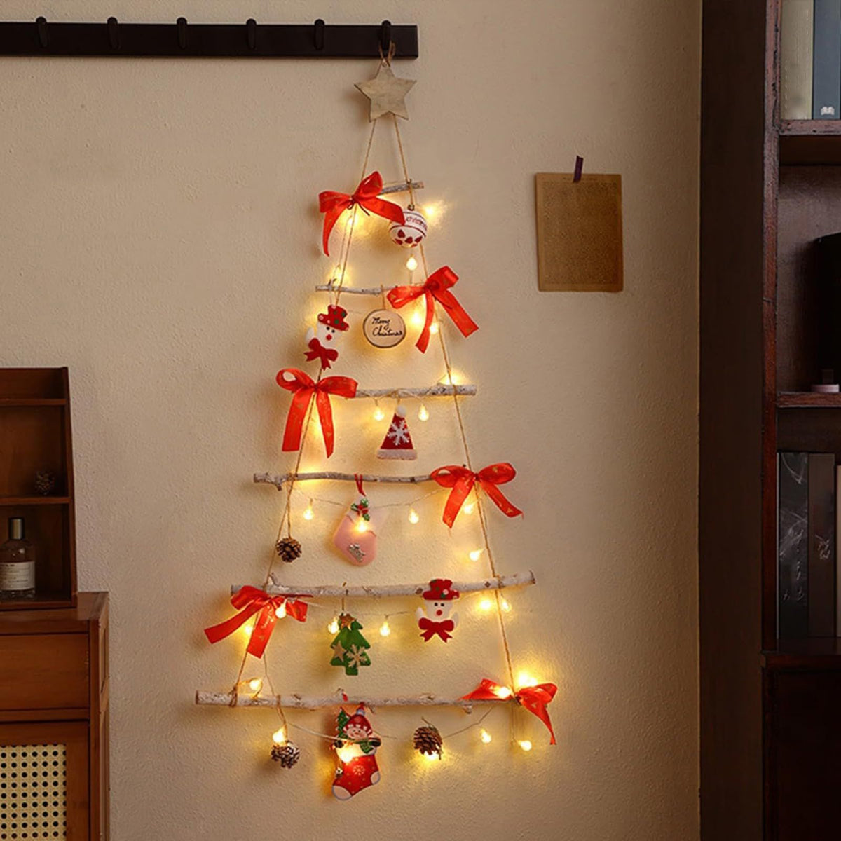 Wall Lighted Christmas Tree Christmas Decoration with Led Light Tree Shaped Decor with Santa Claus and Bells for Room Home